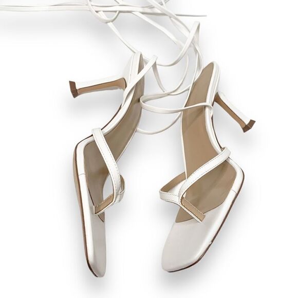 Ann Taylor White Leather Strappy Ankle Wrap Square Toe Sandal Heels Women’s 9.5M - Picture 5 of 12